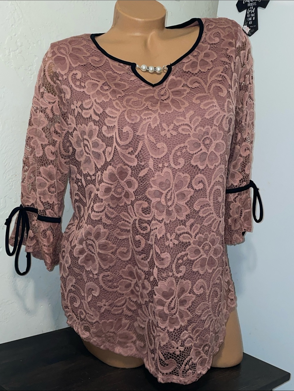 Lace Pearl-Accent Blouse in Dusty Rose Onyx Apparel L